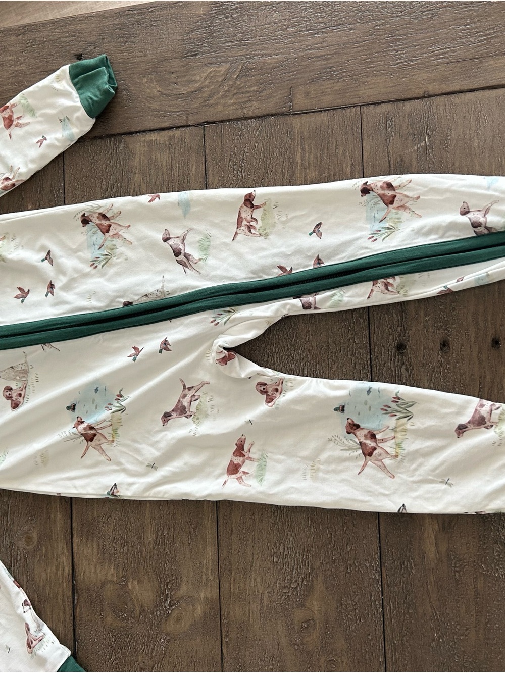 Angel Dear Hunting Print Pajama One-Piece with Green Trim. Never worn 6-12